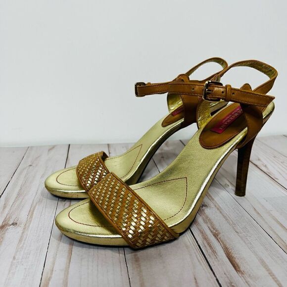 Isaac Mizrahi Isbelle Gold Tan Leather Woven Strap Heels - Picture 2 of 10